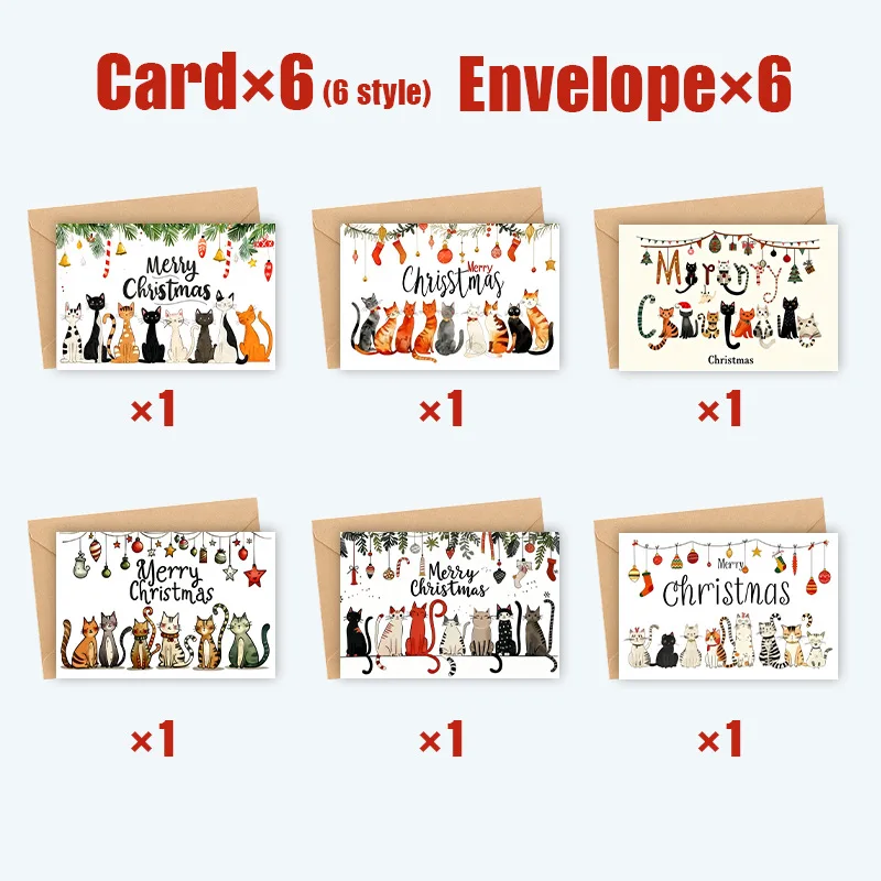 24/12PCS Christmas Greeting Cards with Envelope Cute Cat Xmas Thank You Card Cat Enthusiast Christmas Message Gift Card