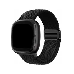 Braided Magnetic Nylon Sport Loop Strap - Soft Stretchy Elastic Bands - Fitbit Sense 1 2 (Black)