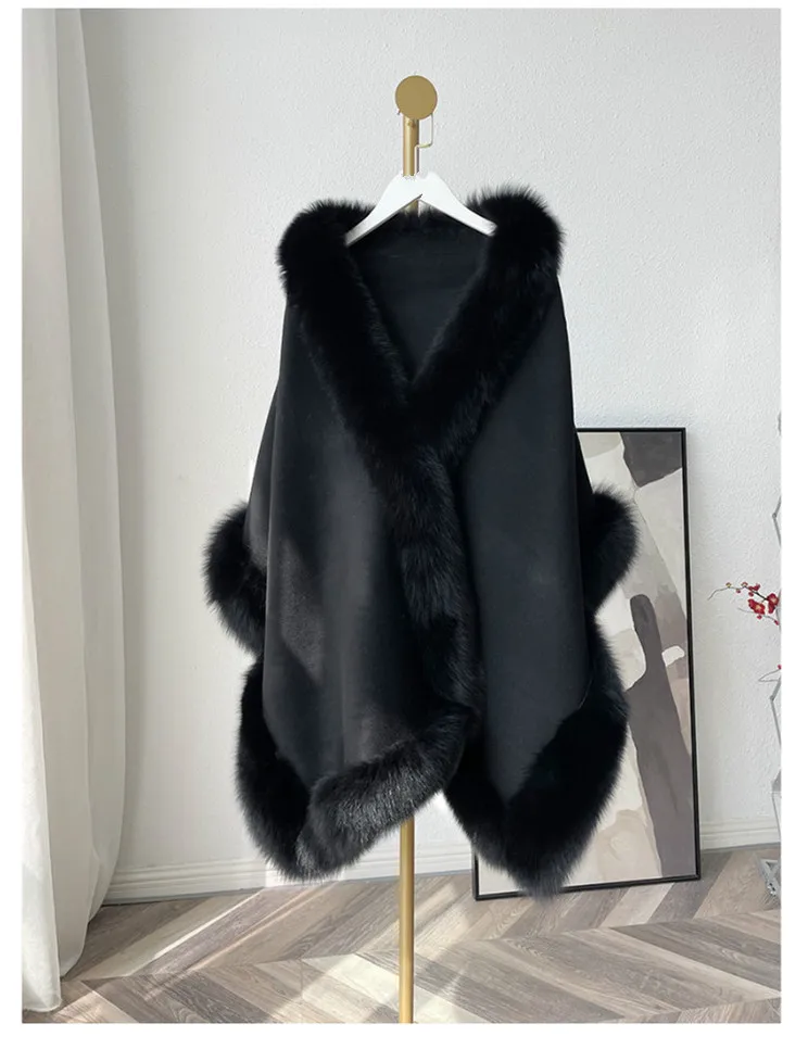 Luxus Frauen Herbst Warme 100% Wolle Schal mit Echten Fuchs Pelz Trim Winter Lange Pashmina Dicken Poncho Wraps Fashoin Cape – Detail 33