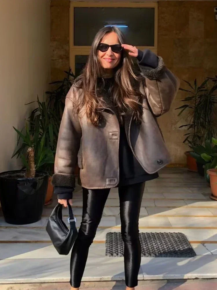 Winter Coat for Women 2024 Faux Fur Thick Lapel Coat Female Warm PU Jacket Ladies with Pockets Streetwear Jackets