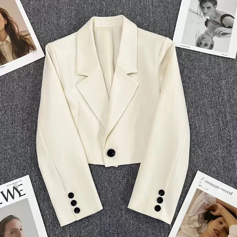 Xpqbb Black Cropped Blazers Woman Trend 2024 New All-match Notched Collar Crop Jacket Women Korean Chic Single Button Suit Coat 3