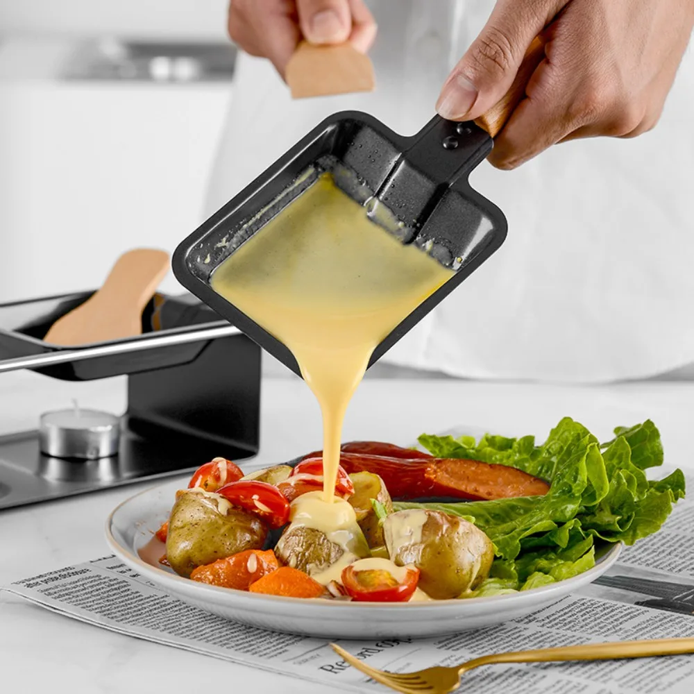 Nonstick Cheese Raclette Grill Stainless Steel Wooden Handle Cheese Melting Pan with Spatula Grill Plate Fried Egg
