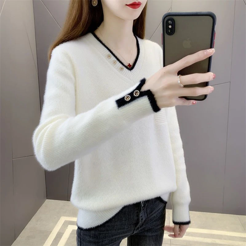 Autumn Winter v-neck  pullovers fake-mink cashmere womens elegant slim trendy all-match  casual sweaters HT6 christmas sweatshirt