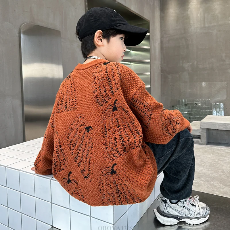 소년을위한 어린이 할로윈 호박 스웨터 멋진 니트 복장 의류 어린이 5-14T 청소년을위한 우아한 풀오버 니트웨어