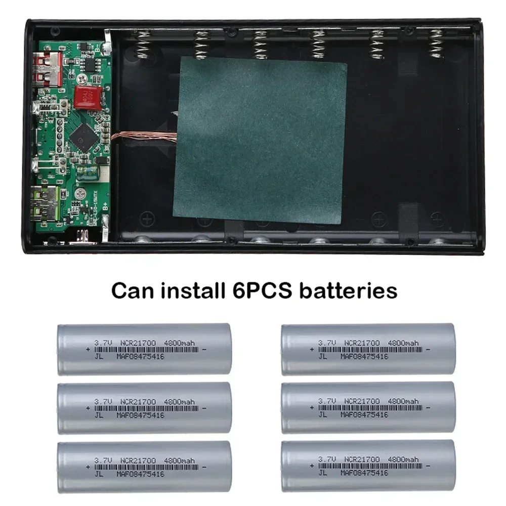 Scatola caricabatteria Supporto per banca di potere Custodia a conchiglia fai-da-te Doppio USB 6x21700 con luce LED 21700 Organizzazione di stoccaggio del guscio della batteria - immagine 4