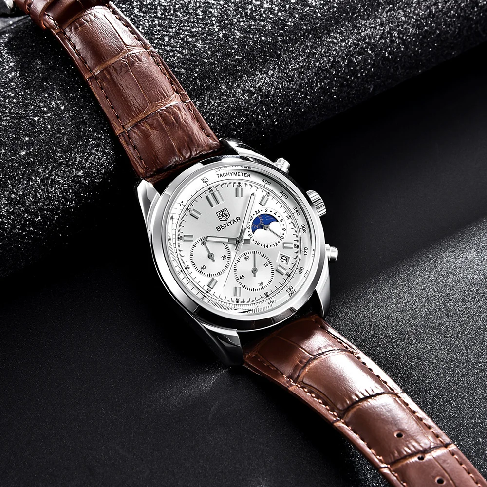 BENYAR Watch For Men 30ATM Waterproof Stainless Steel Quartz Wristwatches Luxury Leather Military Chronograph Watch Reloj Hombre