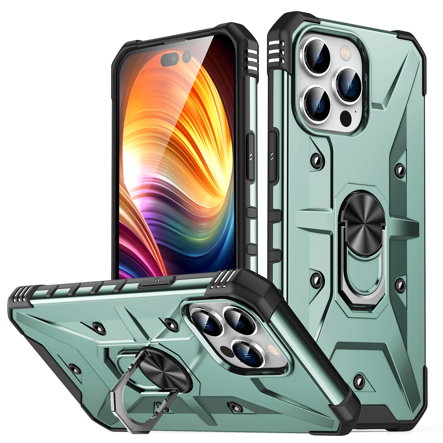 Durable Shockproof Case with Magnetic Metal Ring Holder and Rugged Armor Design