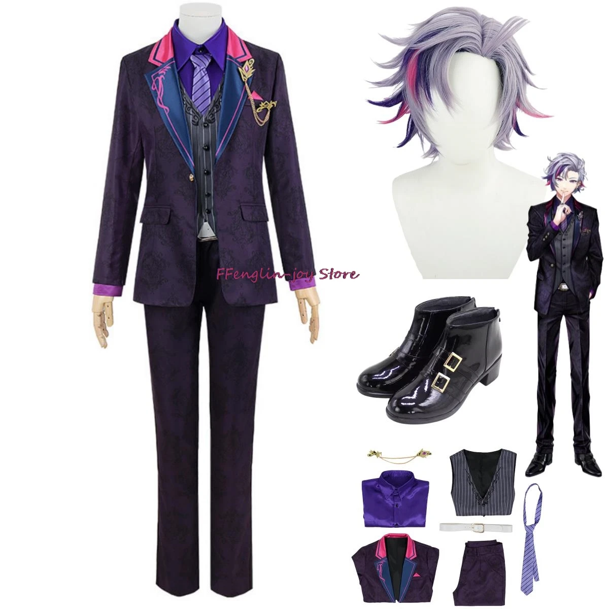 

Anime Virtual Youtuber Fuwa Minato Cosplay Costume Nijisanji Wig Nightclub Uniform Coat Adult Man Woman Halloween Carnival Suit