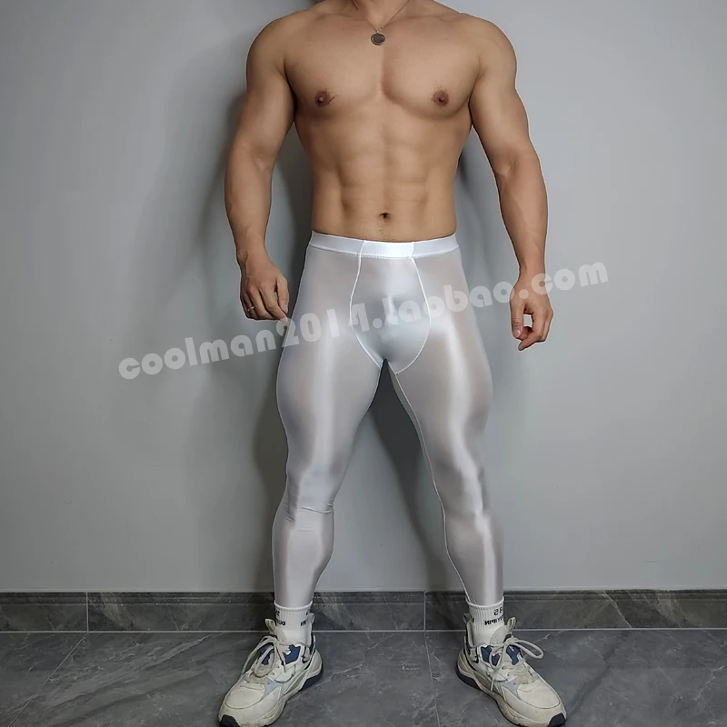 Glossy See Through Satin Men's Sexy Tight Yoga Leggings Sports Underwears Seamless Pants Trousers