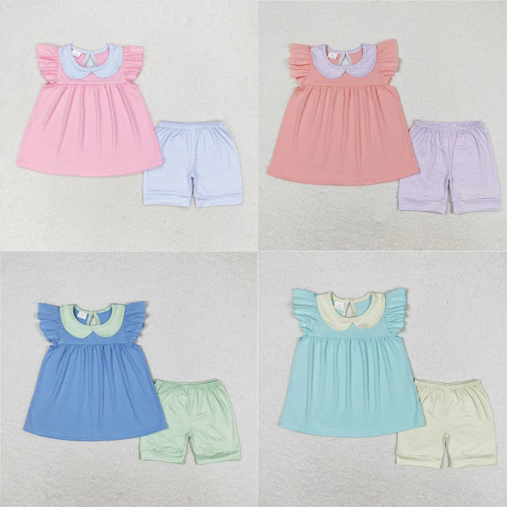 

wholesale summer hot sale western boutique clothing baby girls clothes Blue striped pink flying sleeve shorts outfits