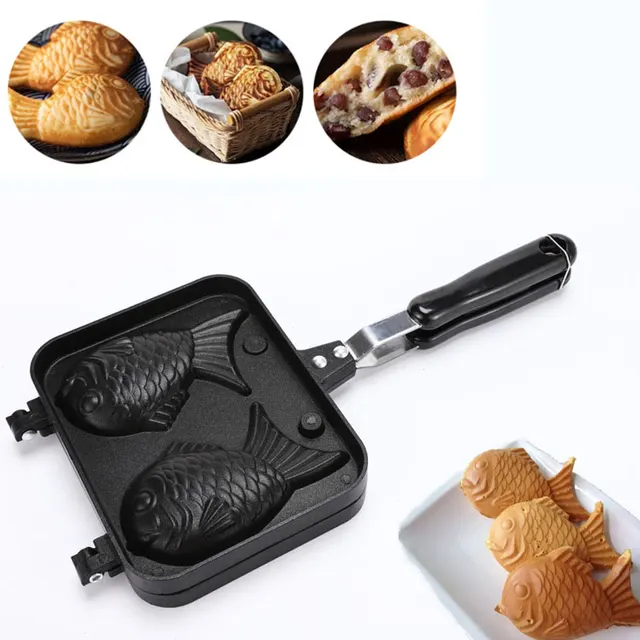 Kitchen Japanese Taiyaki Double Fish Shaped Hot Dessert Waffle Cake Maker Pan