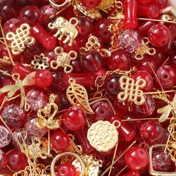 Mixed Glass Beads and Metal Pendants for DIY Jewelry Crafting - Ideal for Bracelets, Necklaces, and Anklets (Red - Gold)