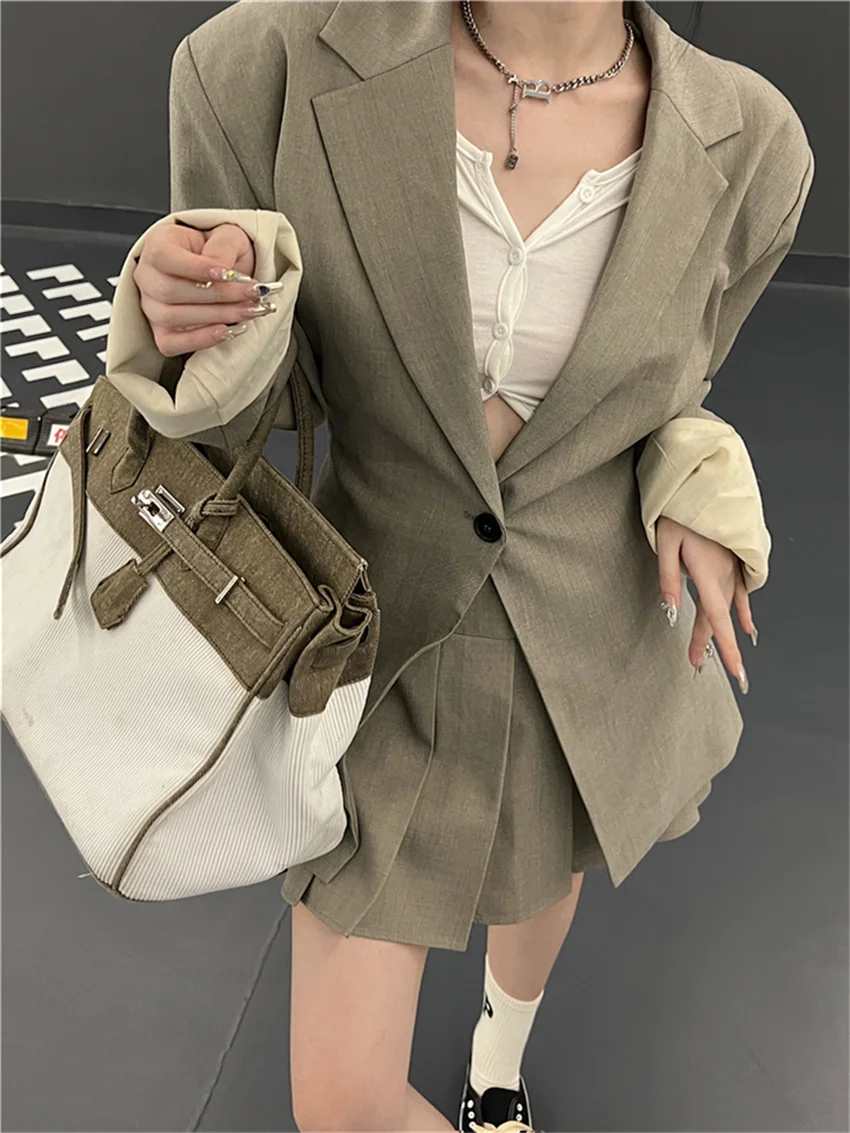 

Alien Kitty Women Spring Blazers OL High Waist Pleated Mini Skirts Streetwear Sets 2023 Solid Office Lady Slim Elegant Chic Suit