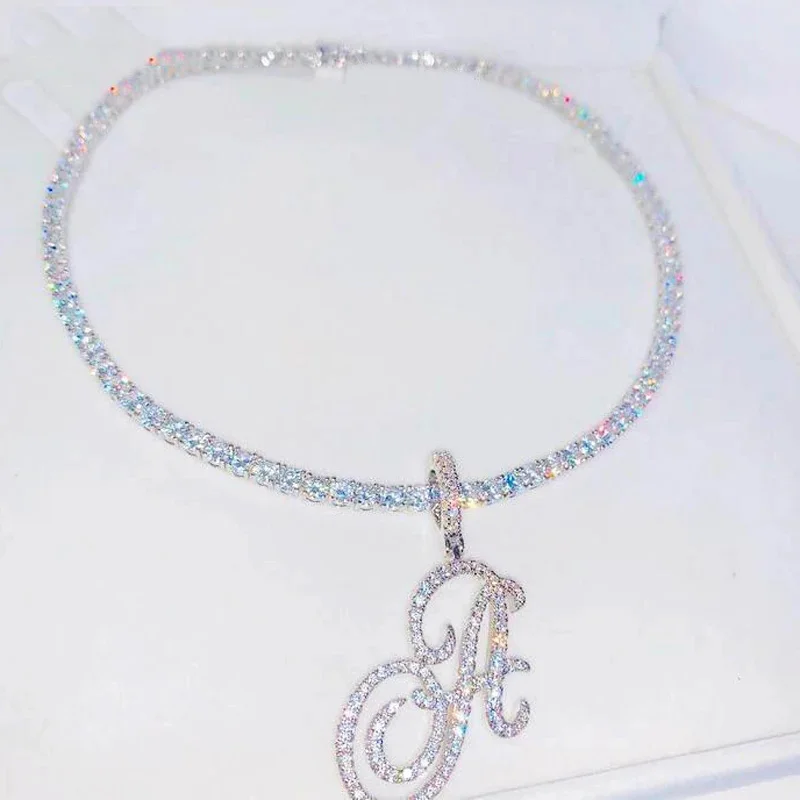 Trendy Bling Cursive Letter Zircon Tennis Necklace For Women Men 26 Initials Tennis Choker Necklace Punk Hiphop Jewelry Gifts