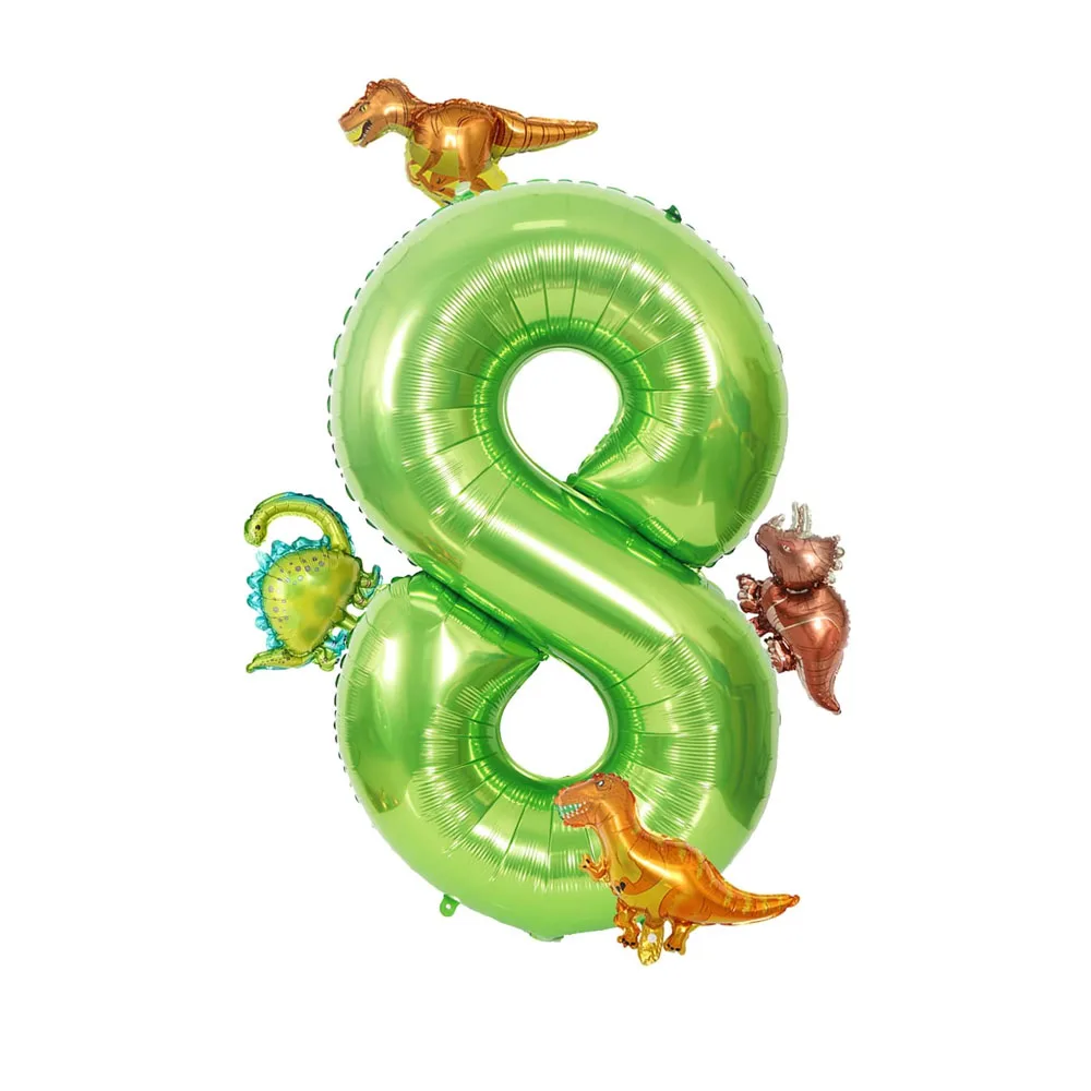 thumbnail image 1 of Juego de 6 globos de dinosaurio de 40 pulgadas con números grandes de papel de aluminio y mini globos de dinosaurio lindos para decoración de fiesta de cumpleaños, 1 of 5