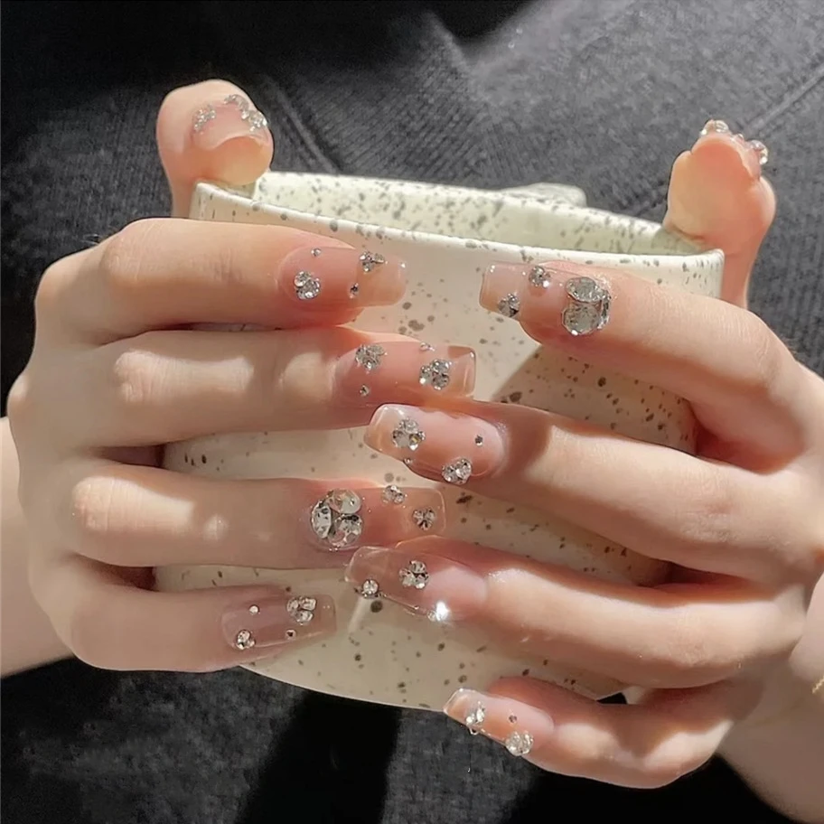 Rhinestone Fake Nails With Glue Press On Nail Art Aesthetic 24pcs/set  Detachable Coffin Medium Length False Nails Nail Tips - False Nails -  AliExpress