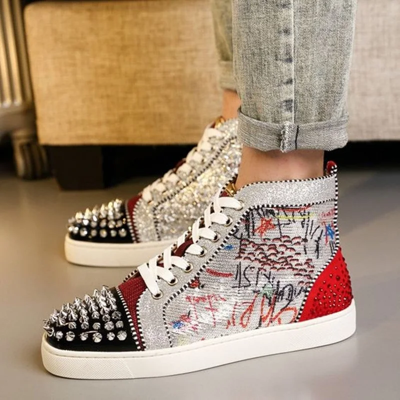 Men Studded Rivet Spike Lace Up High Tops Shoes Causal Flats
