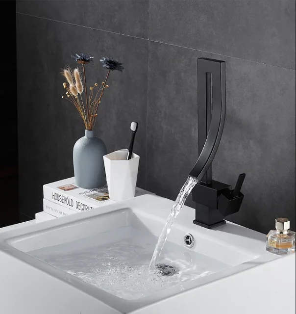 ก๊อกน้ำอ่างล้างหน้า ก๊อกน้ำทองเหลือง ก๊อกผสมน้ำในห้องน้ำ สีดำ/สีทอง ก๊อกน้ำอ่างล้างหน้าแบบก้านโยกเดี่ยว ก๊อกน้ำร้อนและน้ำเย็นสำหรับห้องน้ำ 2