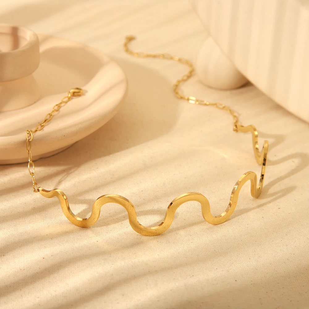 Chunky 16K Gold Plated Stainless Steel Curve Choker Necklace Wavy Open Bracelet Bangle High End Tarnish Free Jewelry Gifts 202 3