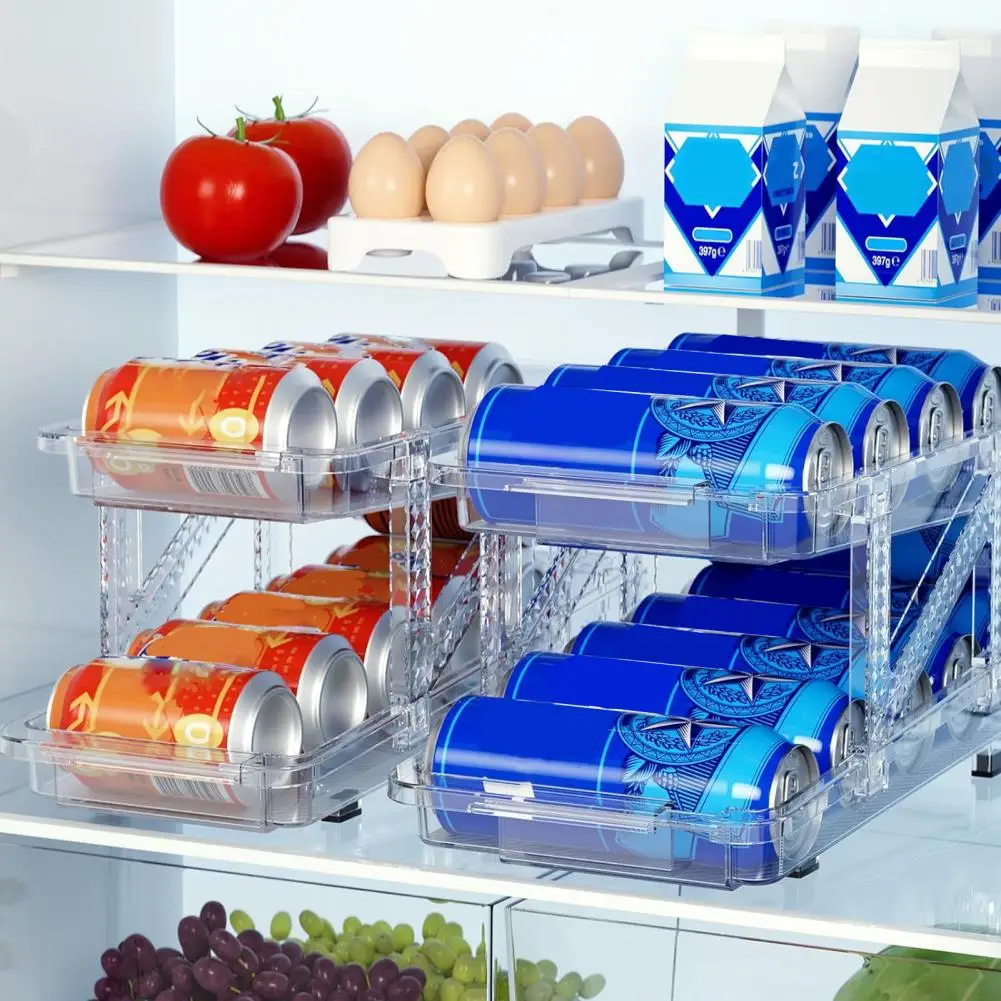 

Soda Can Dispenser Refrigerator Plastic Double Layer Large Capacity Clear Automatic Beverage Can Holder Drink Organizer