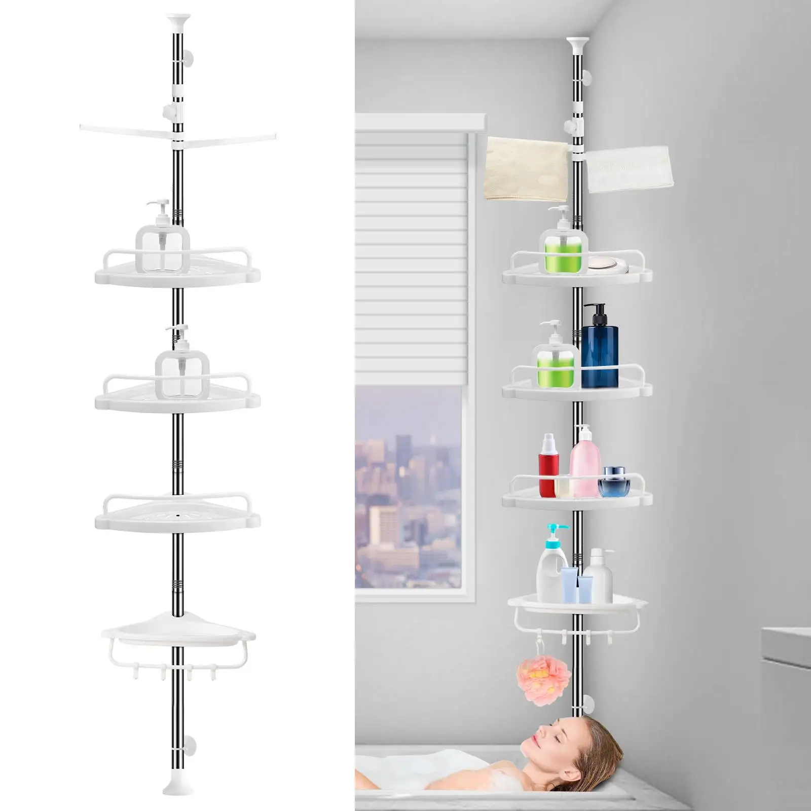 810ft Rustproof Shower Caddy Tension Pole 4 Tier Corner Caddy Shelf