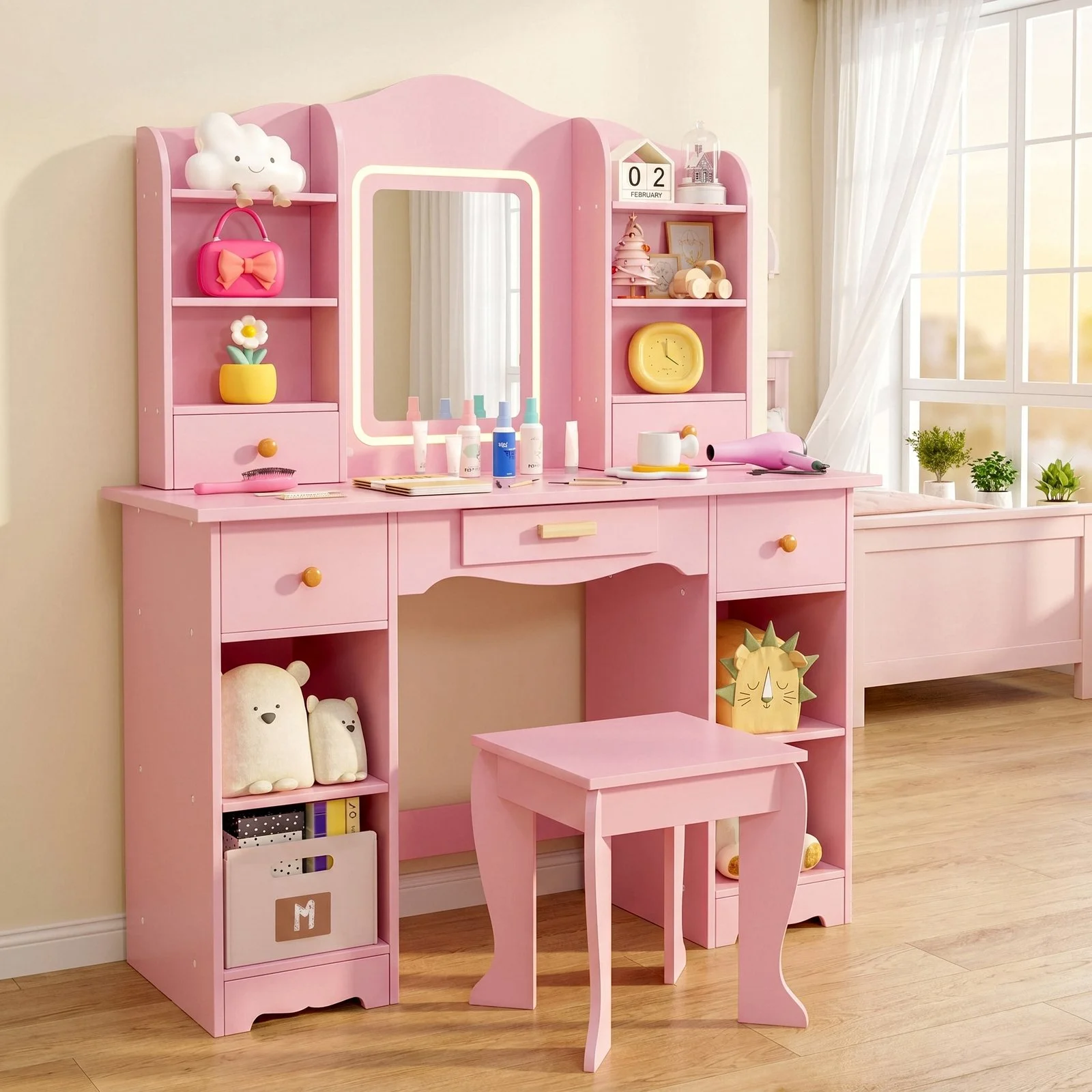 Ensemble de coiffeuse pour enfants, coiffeuse en bois princesse, 95x34x118cm, avec éclairage LED, coiffeuse pour enfants avec miroir, bureau avec tabouret, 5 tiroirs, 10 compartiments de rangement 1