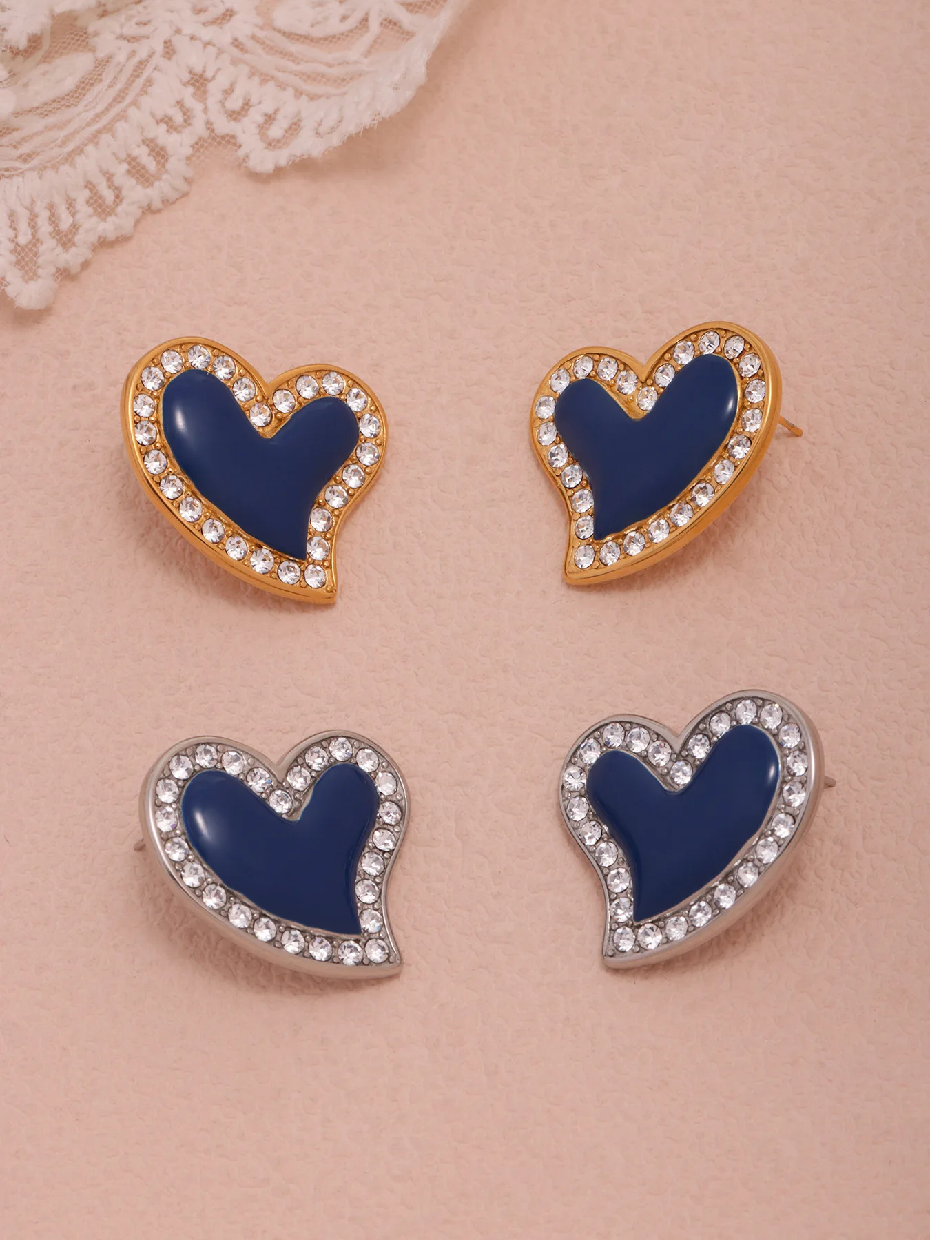 Modische blaue Emaille-Herz-Ohrringe für Frauen, 316 Edelstahl, vergoldeter Zirkon, luxuriöse Ohrstecker für Mädchen, exquisiter Schmuck – Detail 7