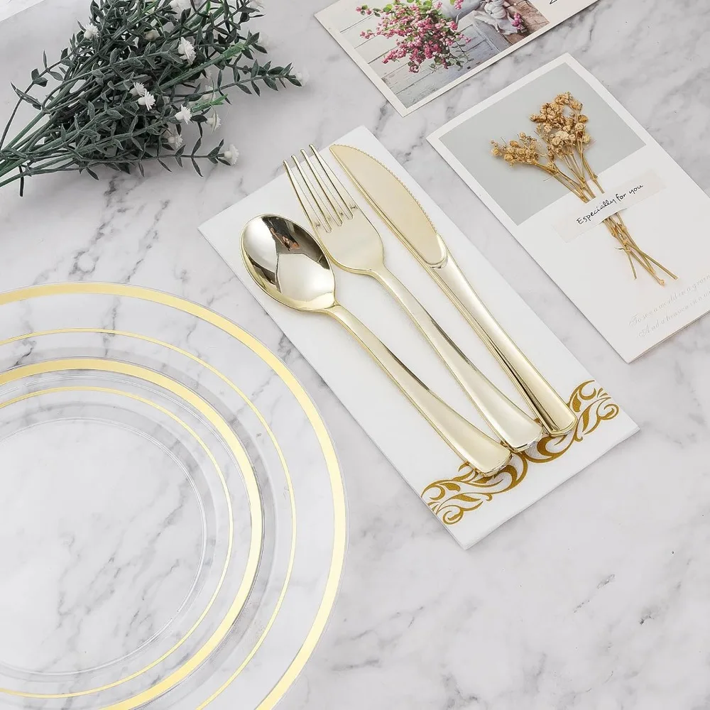 700PCS Clear Gold Disposable Dinnerware Set (100 Guests), Plastic Plates for Party, Wedding, Include: 200 Plastic Plates