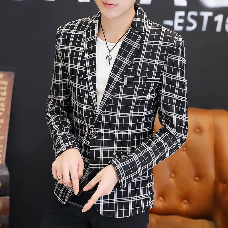 

2024-New Men's Gentleman Blazer Slim Casual British Style Ruffian Handsome Thousand Birds Checkered Personality Fashion Suit