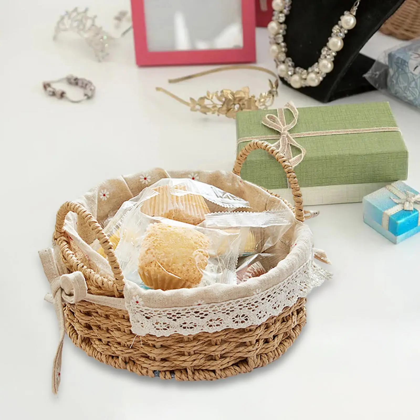 Handmade Storage Basket Multipurpose Desktop Sundries Organizer Serving Basket for Snack Parties Bread Breakfast Bedroom