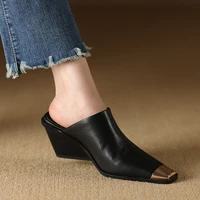 2025 New Ladies Genuine Leather Metal Head Mules Fashion Med Chunky Heels Summer Wedges Slippers Women Casual Office Shoes Woman - Image 4