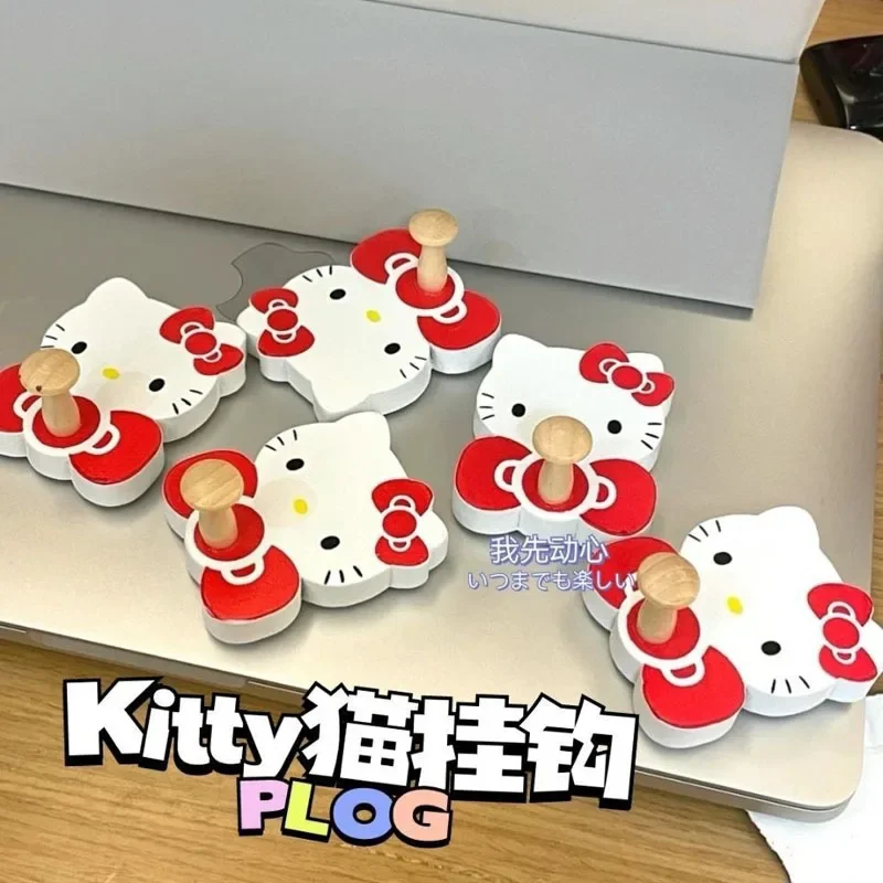 cartoon HelloKittys Strong Self Adhesive Hooks Wooden Strong Sticky Clothes and Hat Kawaii Wall Decoration Hook Key Storage Hook 5