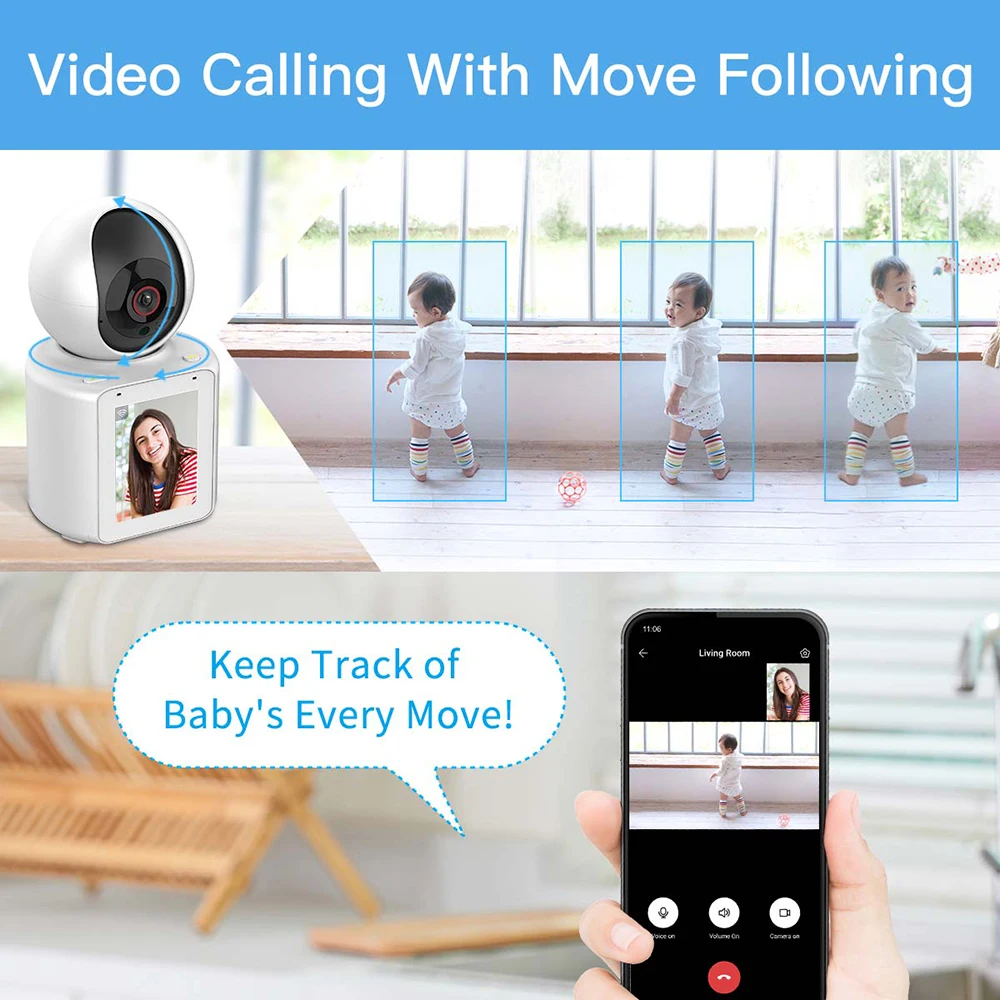 WIFI IP Camera Baby Monitor Wireless 1080P 120&deg; Wide-angle 2 Way Audio Video Night Vision Indoor PTZ Camera