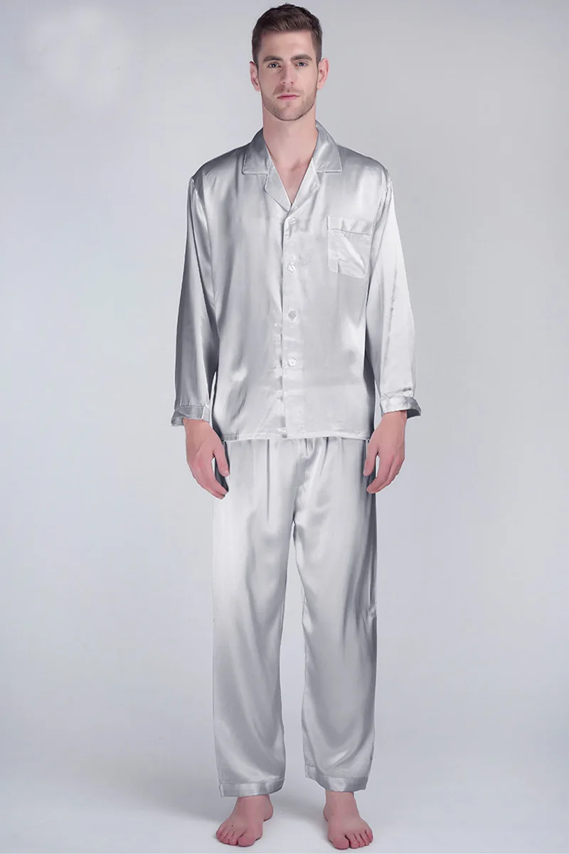 Silk pajamas for men's home wear set, long sleeved summer men's 19m heavy weight silk couple pajamas, comfortable style