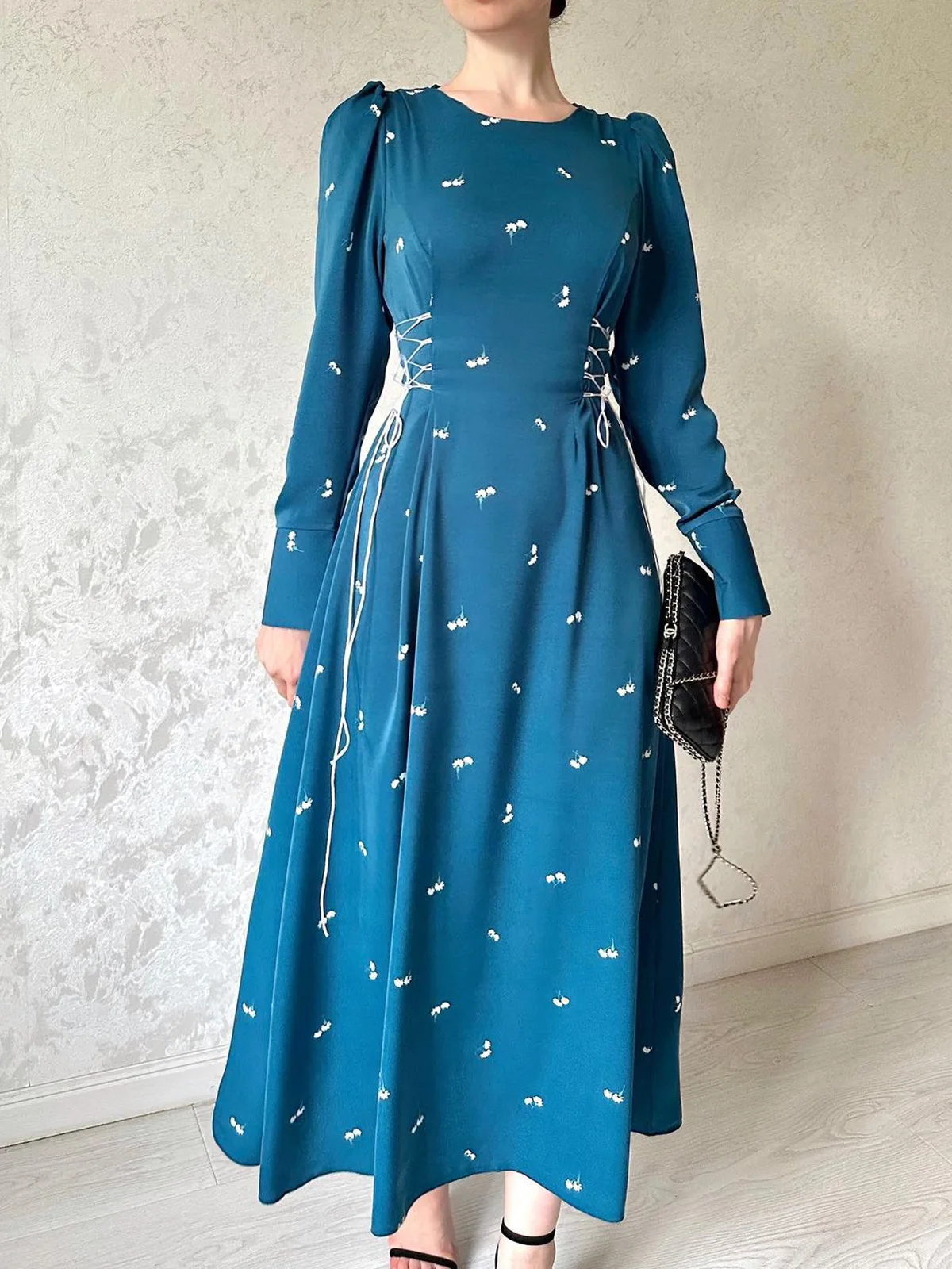 Printed Bandage Elegant Maxi Dress For Women Slim Patchwork Lace-Up Long Sleeve Fashion Dress Female Contrast Long Dress