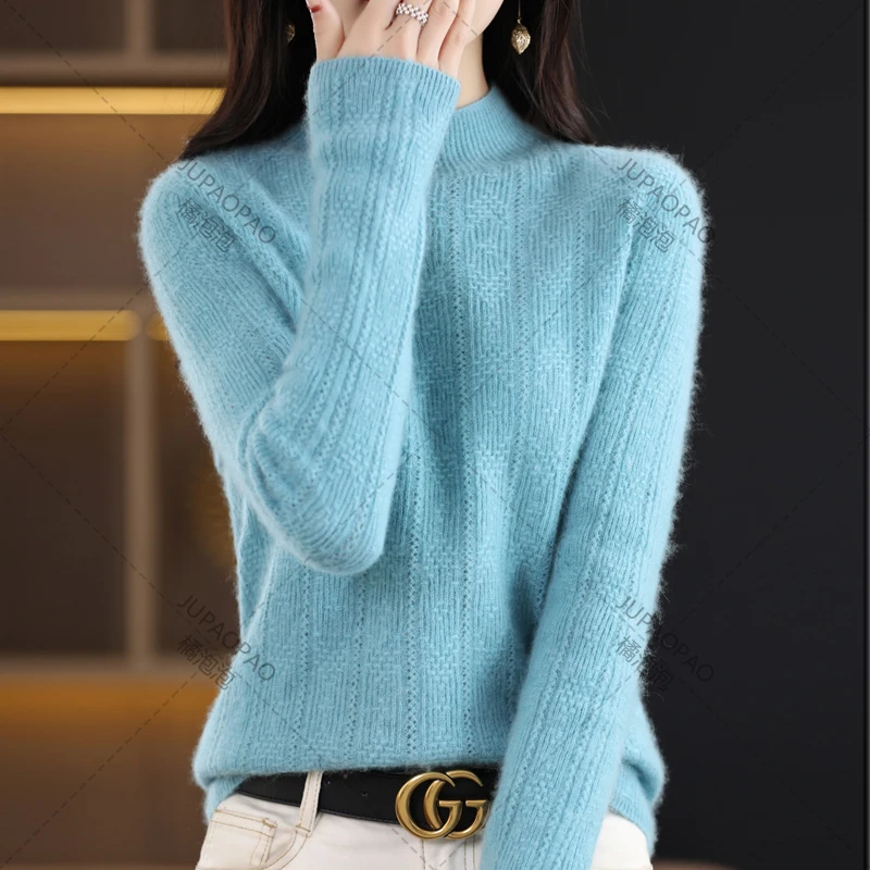 

2024 Autumn/Winter Women's New Pullover Casual Solid 100% Wool Knit Half High Neck Sweater Soft And Breathable Top