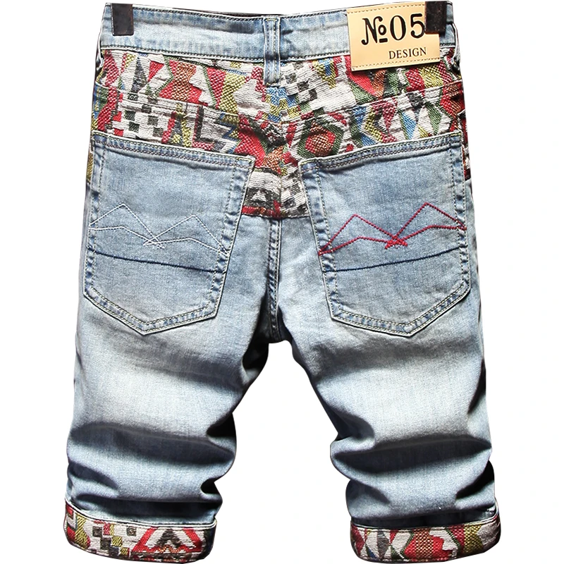 Ripped Denim Shorts Men Fashion Plaid Patchwork Short Jeans Streetwear Casual Light Blue Cotton Straight Pants
