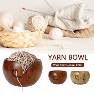 1pc Wooden Yarn Bowl With Handmade Holes, Knitting Crochet Weaving