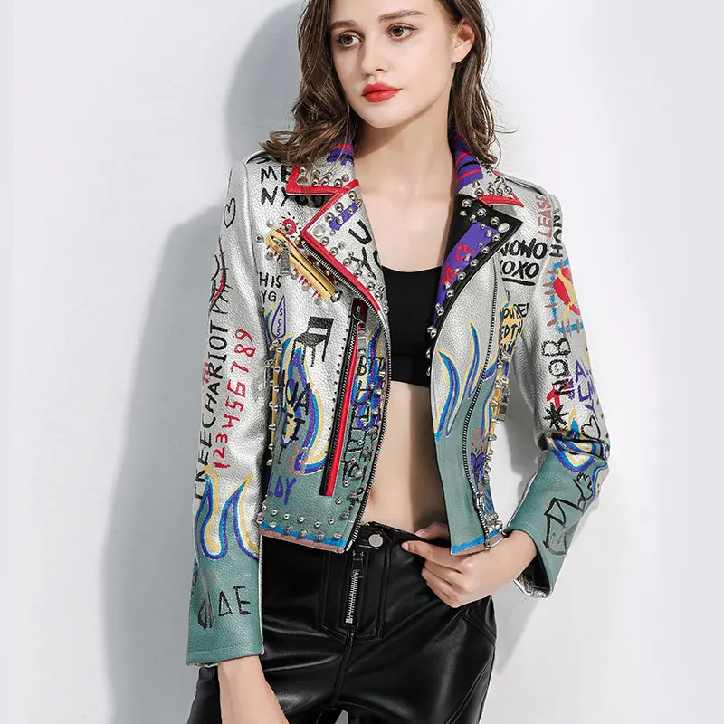

Кожаные куртки DJ в стиле панк для женщин, мотоциклетная куртка из искусственной кожи с цветочной вышивкой орла и заклепками