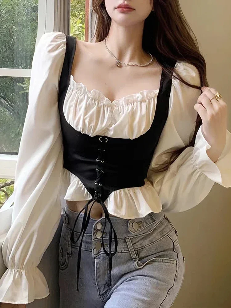 

Korean Fashion Designer Sexy Women's Patchwork Bubble Long Sleeved Shirt with Square Neck Tight Fitting Lace Up Corset Blouses