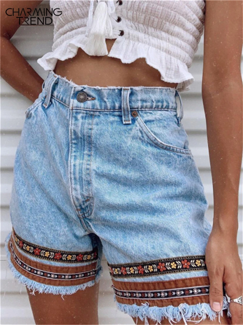 

Charmingtrend Summer Denim Shorts Women Fashion vintage Stitching High-waisted Shorts Pockets Jeans Women Blue Pants