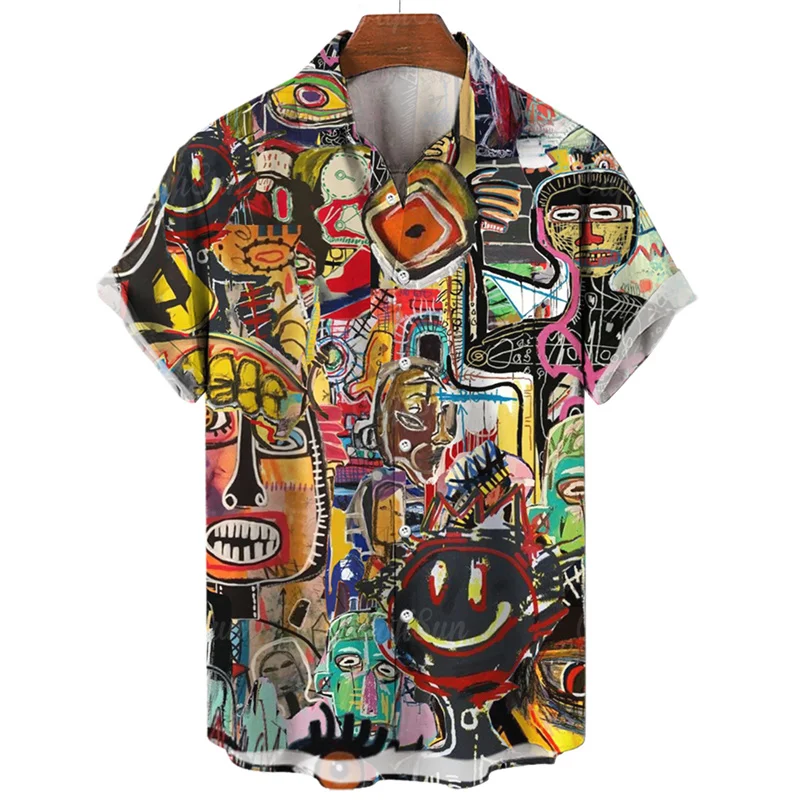thumbnail image 1 of Camisa con estampado 3D de cara abstracta para hombre, camisa hawaiana de manga corta con gráficos de pintura artística de verano, blusa con solapa, ropa de calle, 1 of 5