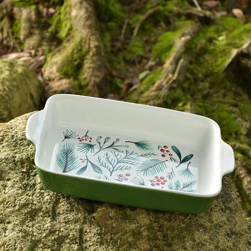 Texture Green Au Gratin Dishes Plants Print Double Ear Rectangle Ceramic Plates 1600ML Cake Bread Baking Tray Durable Tablewares Texture Green Au Gratin Dishes Plants Print Double Ear Rectangle Ceramic Plates 1600ML Cake Bread Baking Tray Durable Tablewares