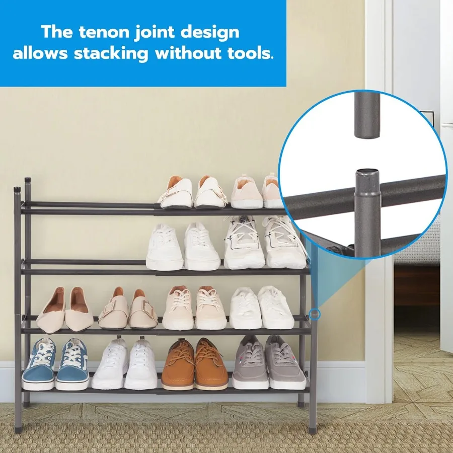 Expandable Shoe Rack 16 Pairs Stackable Small Shoe Rack Metal Adjustable Shoes Organizer for Closet Entryway Hallway Garage Fro