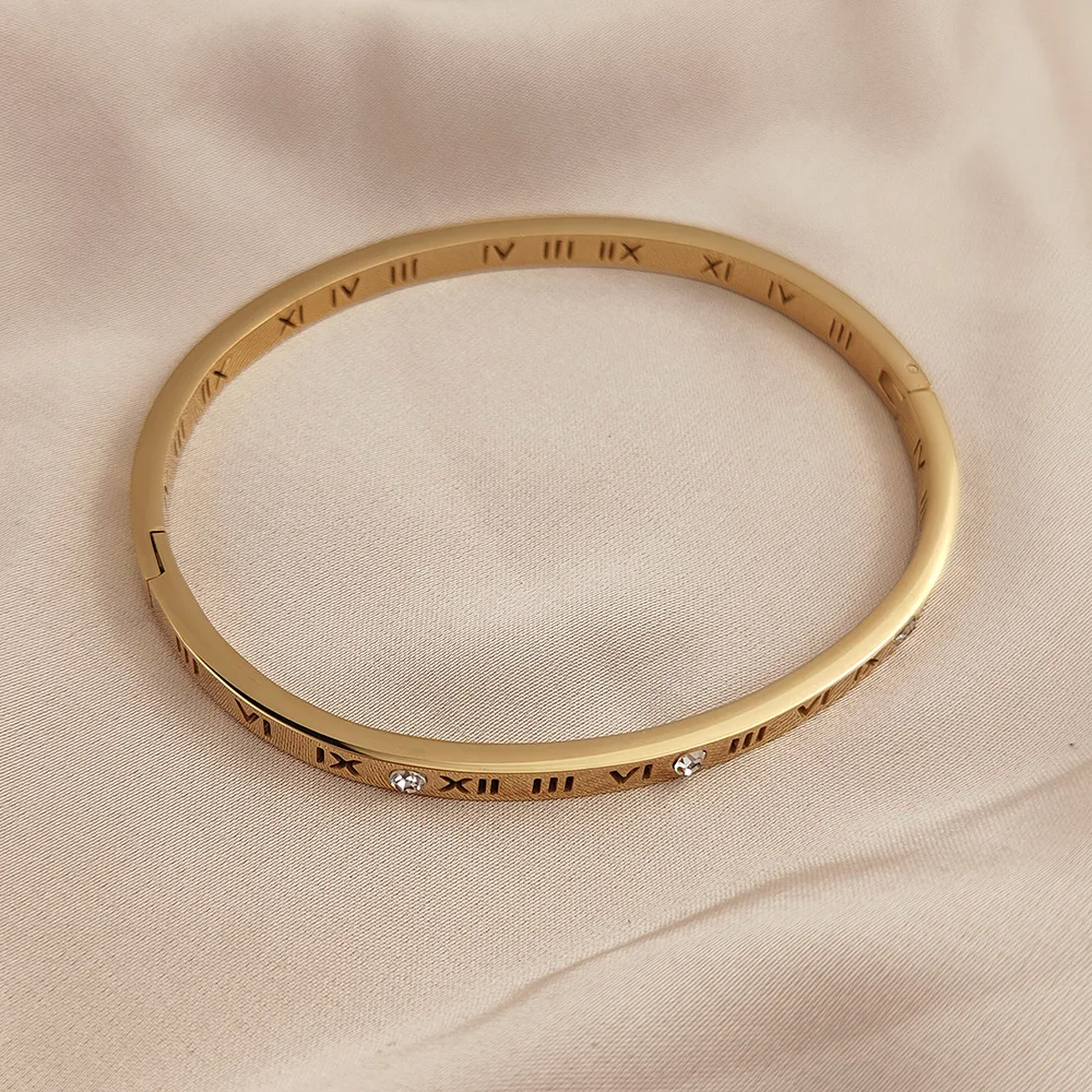 Classic Roman Numeral Zircon O Shape Stainless Steel Gold Plated Bracelet, High Quality Waterproof Wedding Party Jewelry 6