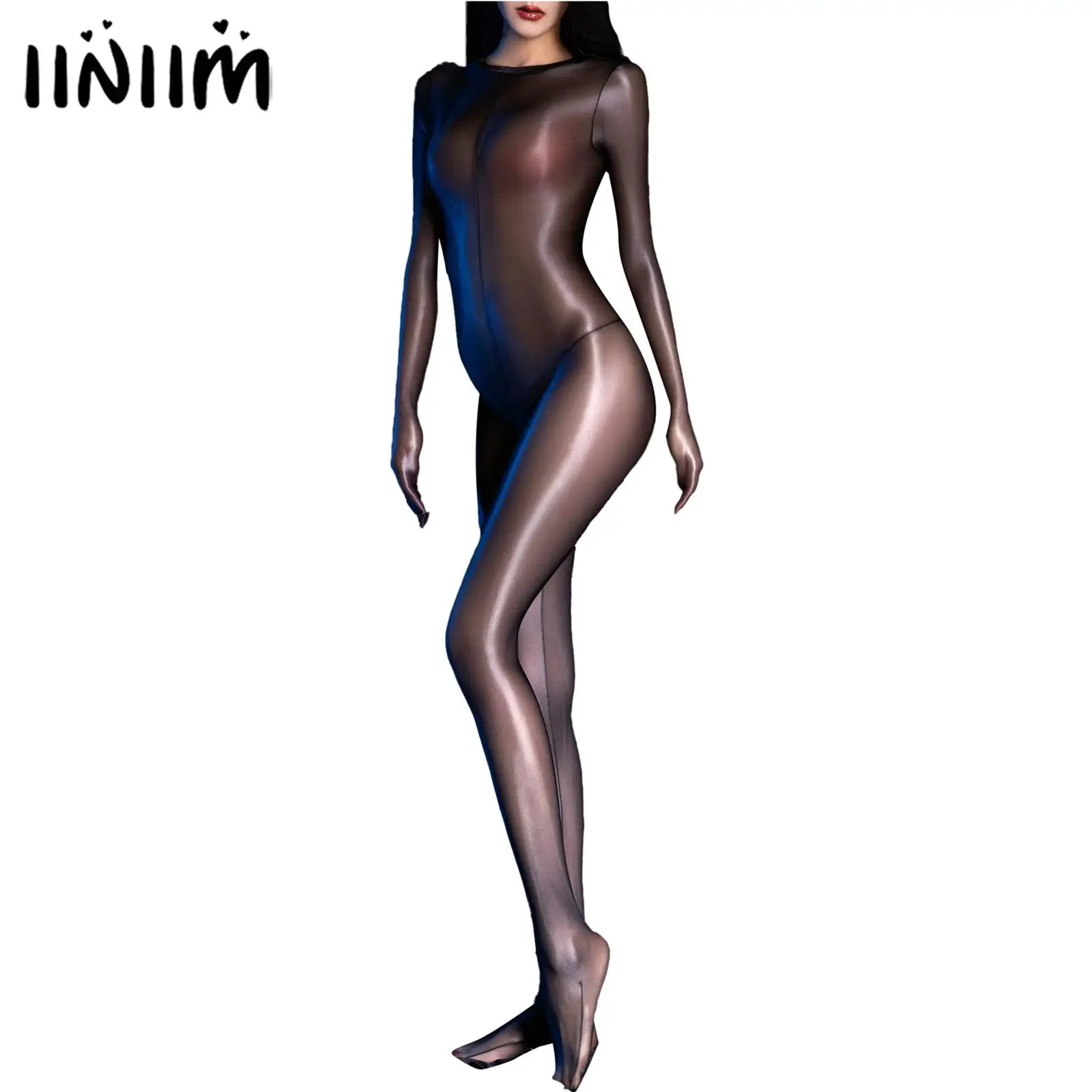 

Womens Glossy See-Through Bodysuit Stretchy Skintight Jumpsuit Open Crotch Nightwear Lingerie Catsuit Bodystocking