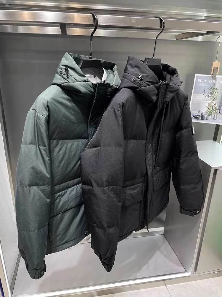 Fashion Winter Warm Mens Down Coat Stand Collar Streetwear Hooded Windbreak Outerwear Zipper Long Sleeve Men Casual Short Jacket