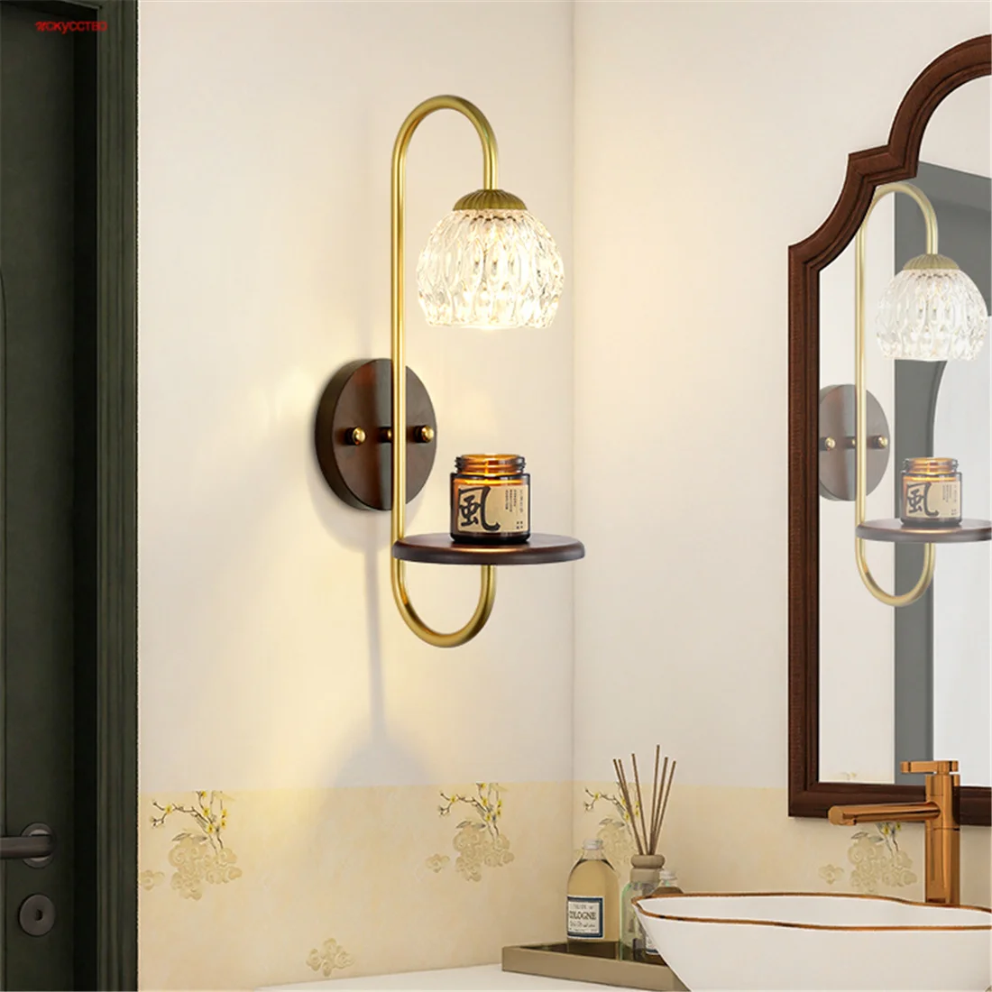

French Luxury Bathroom Toilet Metal Wood Glass Led Wall Lamp Foyer Bedside Aisle Sconces Loft Decor Corridor Lighting Fixtures