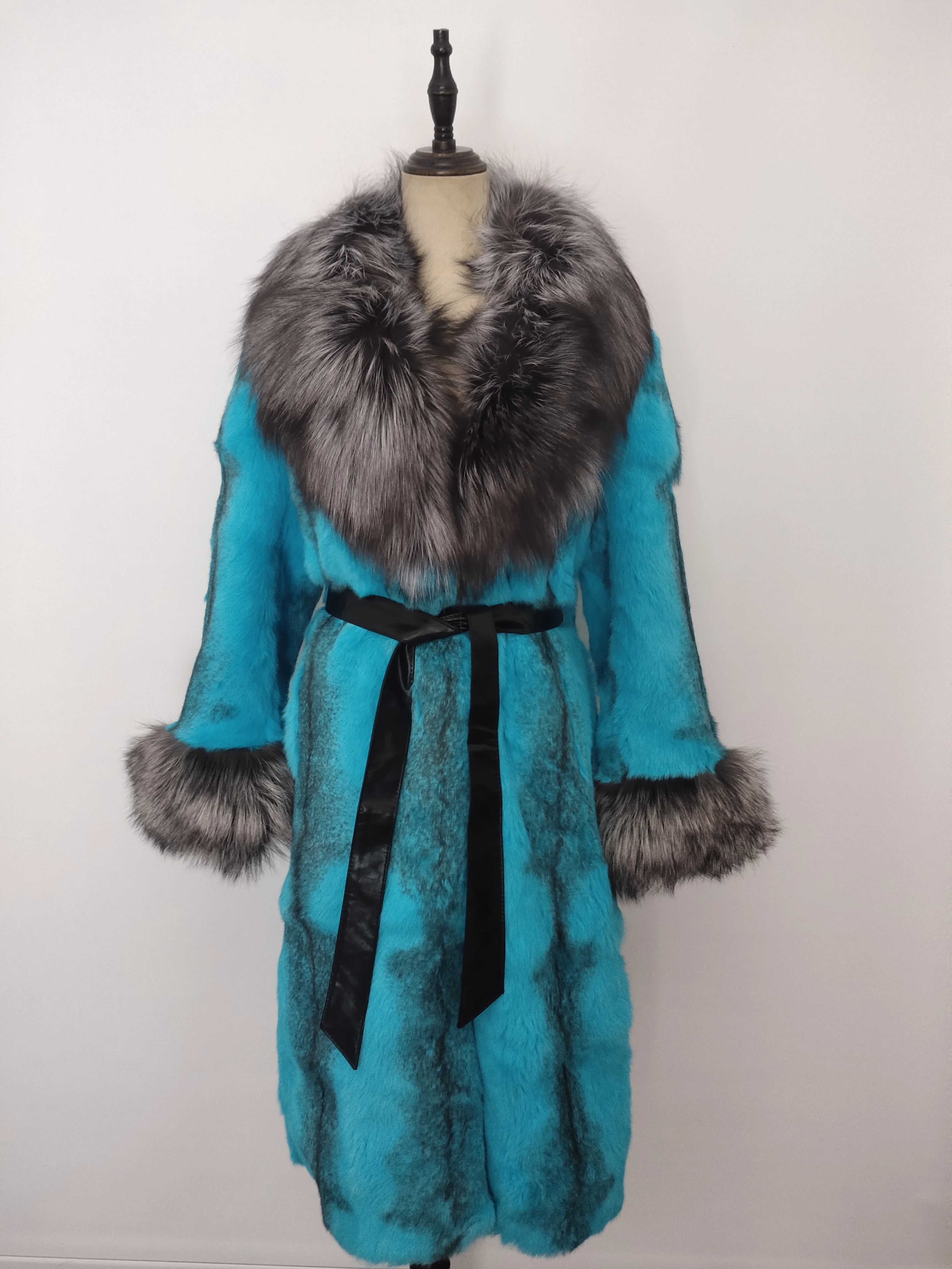 New Style Winter Natur Kaninchen fell Lang mantel mit Silberfuchs