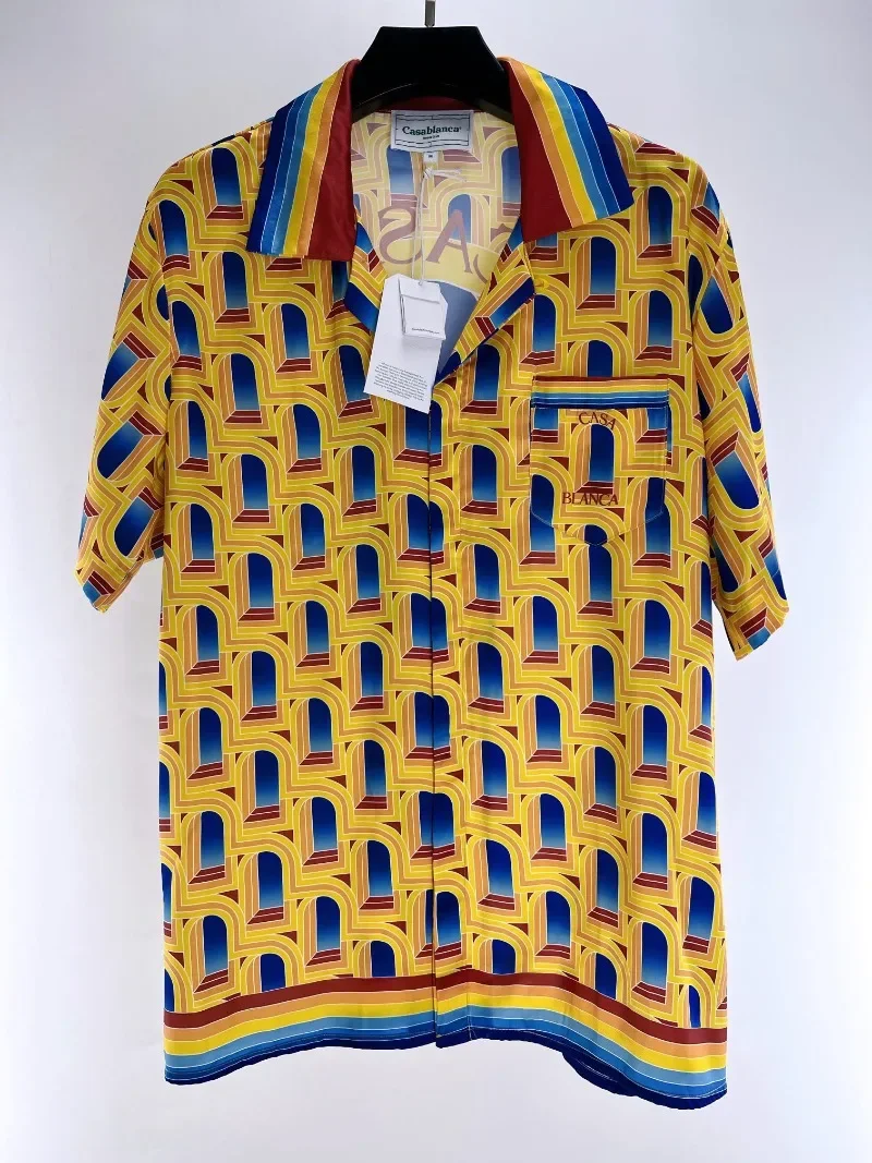 

Cardigan Yellow Blue Casablanca Shirts Dreamland Gate White Twill Soft Short Sleeve Causal Shirt Kanye West
